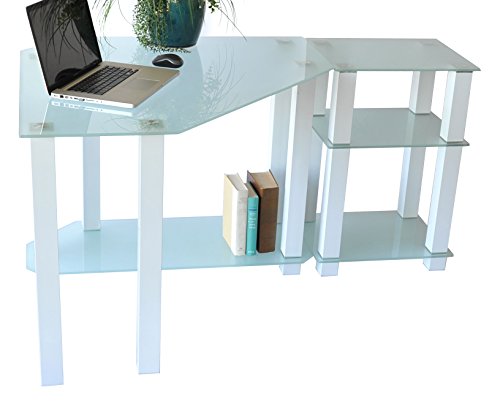 Clear Tempered Glass Corner Computer Desk with Right Extention Table, White