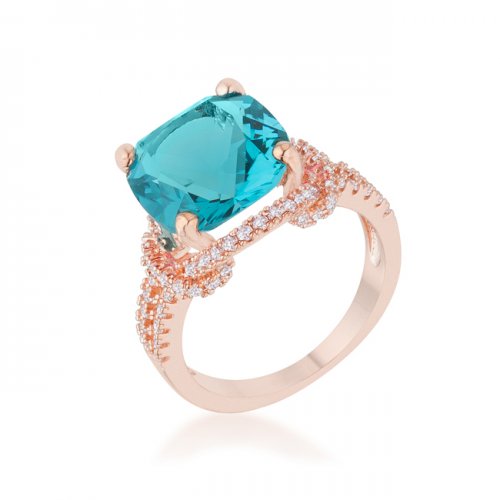 Charlene 6.2 Carat Aqua Cz Rose Gold Classic Statement Ring, Size 5