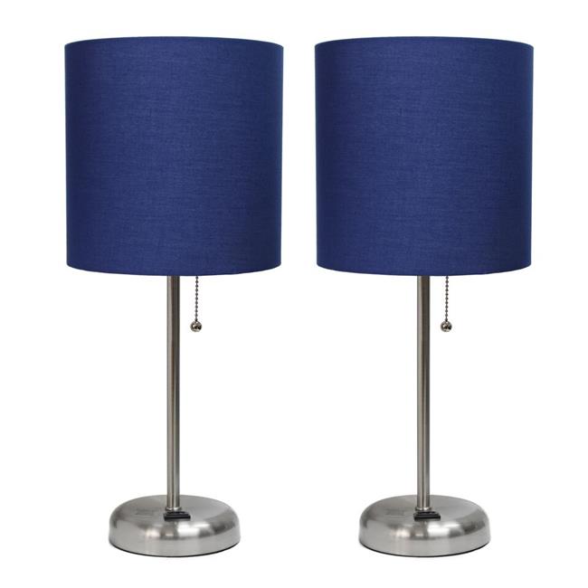 LimeLights Brushed Steel Stick Lamp with Charging Outlet and Fabric Shade 2 P...