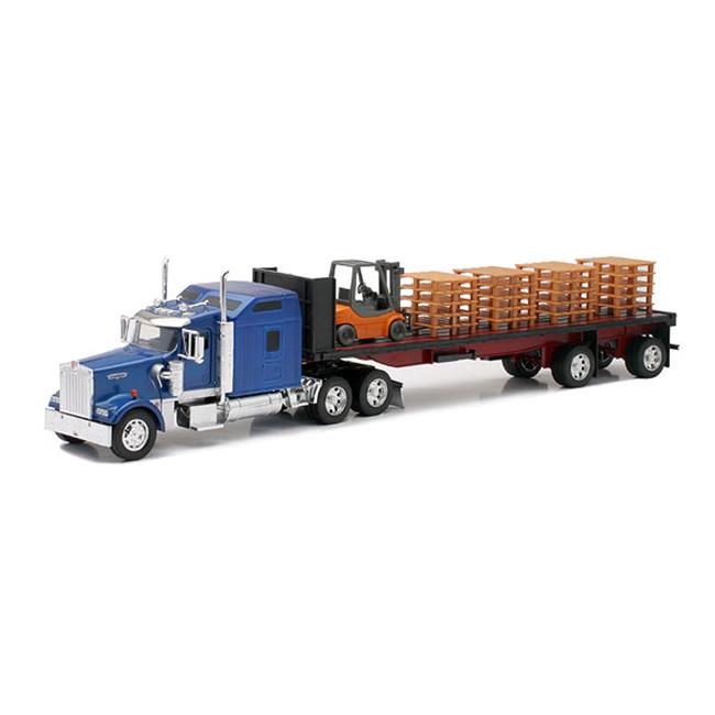 New-Ray Kenworth W900 with a Flatbed Trailer with Forklift & Pallets Model