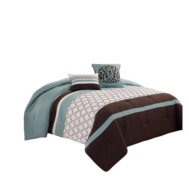 Benjara BM225203 Quatrefoil Fabric Comforter Set Brown & Blue - King Size - 8...