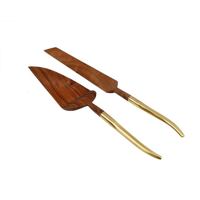 Classic Touch CS478 Wooden Cake Servers with Gold Handle  Set of 2