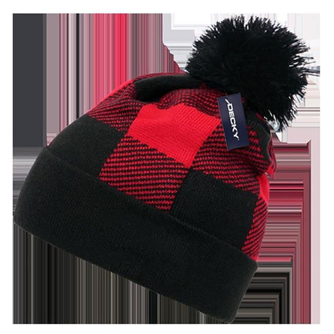 Decky Beanies 8028-RED Pom Plaid Beanie - Red