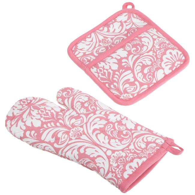 Design Imports CAMZ74202 Pink Damask Oven Mitt & Potholder Set