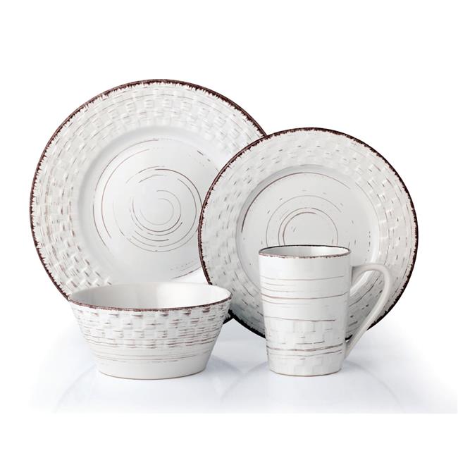 Lorren Home Trends LH514 16 Piece Distressed Weave Dinnerware Set  White