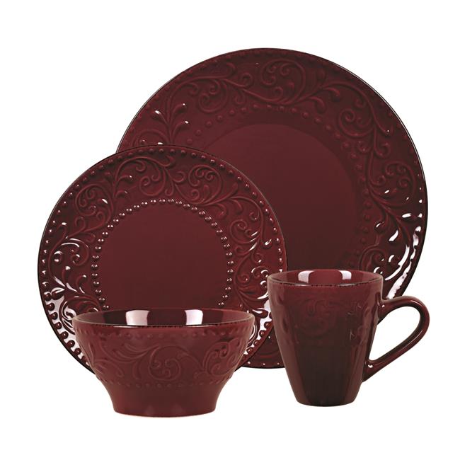 Lorren Home Trends LH525 16 Piece Stoneware Scroll Dinnerware Set  Merlot