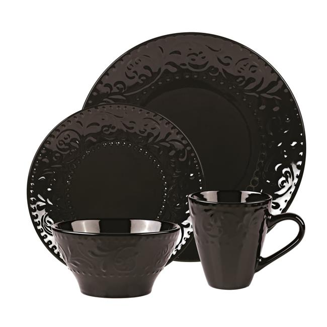 16 Piece Stoneware Scroll Dinnerware Set  Black