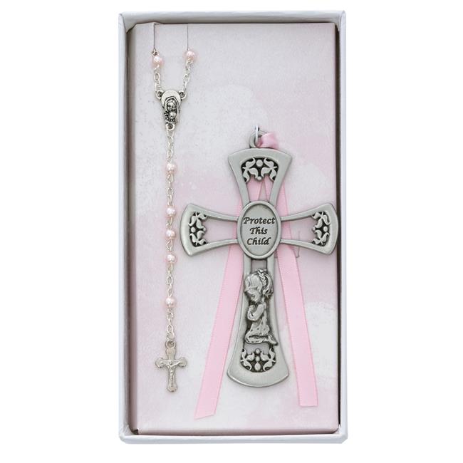 McVan BS10 3 mm Baby Girl Crib Cross & Rosary Set - Pink