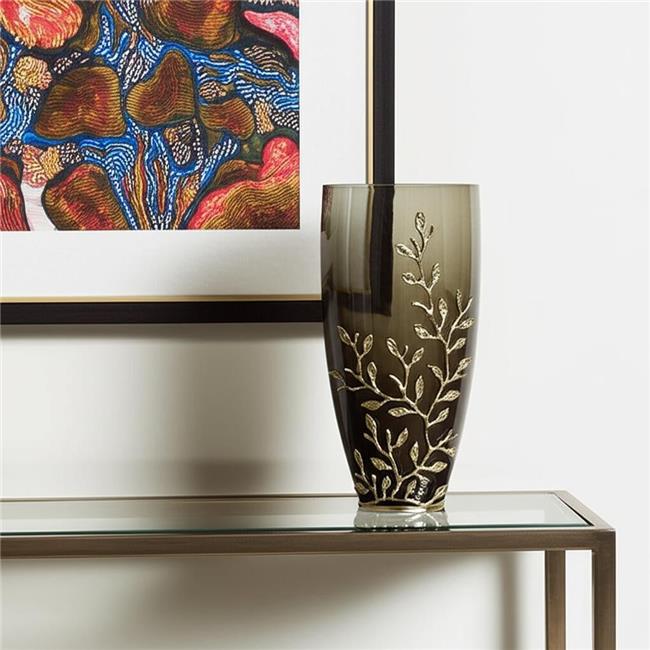 HomeRoots 574250 15 in. Green & Gold Leaf Round Glass Table Vase