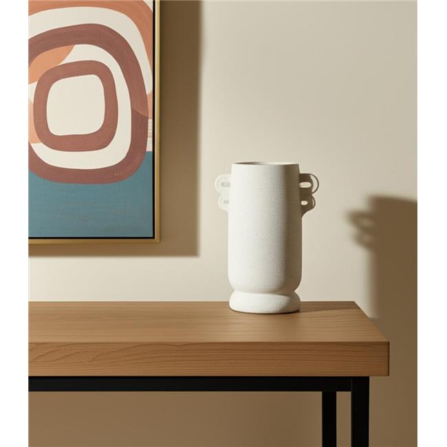 HomeRoots 608365 10 in. Off White Ceramic Cylinder Table Vase with Handles