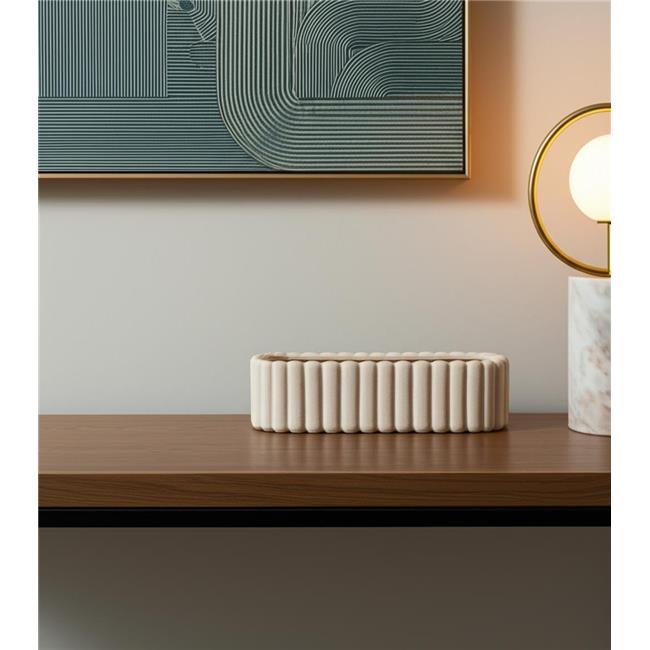 HomeRoots 608362 6 in. Beige Oval Ceramic Ribbed Texture Table Vase