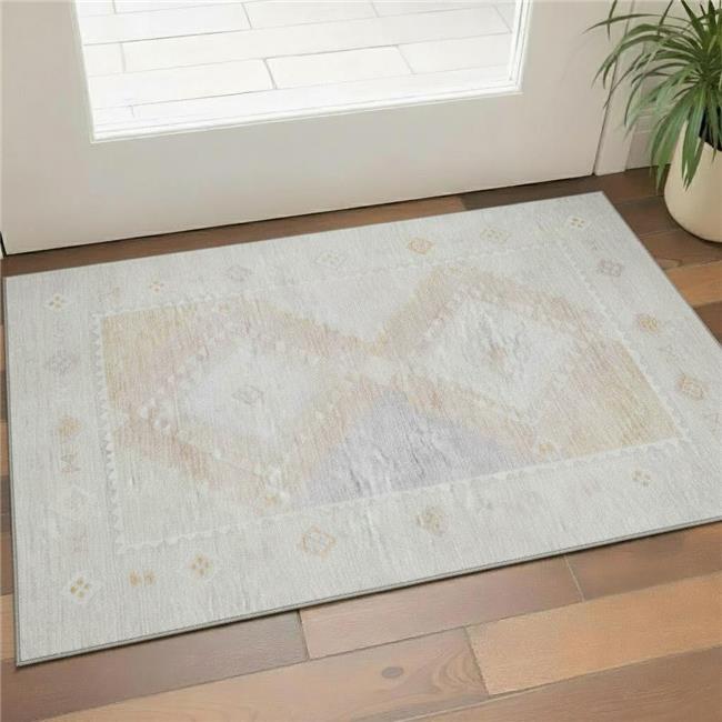 3x5 ft. Gray & Ivory Geometric Southwest Washable Machine Made Rectangle Area...