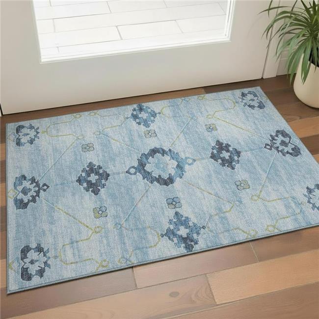 3x5 ft. Blue & Olive Green Floral Medallion Washable Machine Made Rectangle A...