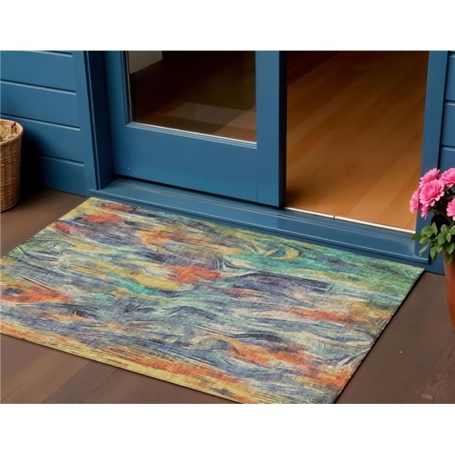 HomeRoots 641344 3 x 5 ft. Denim Blue Green & Gold Abstract Washable Transiti...