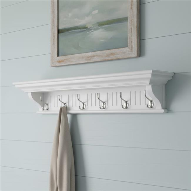 HomeRoots 636372 7.87 x 39.37 x 8.27 in. White Solid Wood 6 Hook Wall Mount C...