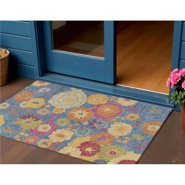 HomeRoots 658051 3 x 5 ft. Blue Gold & Pink Floral Washable Transitional Indo...