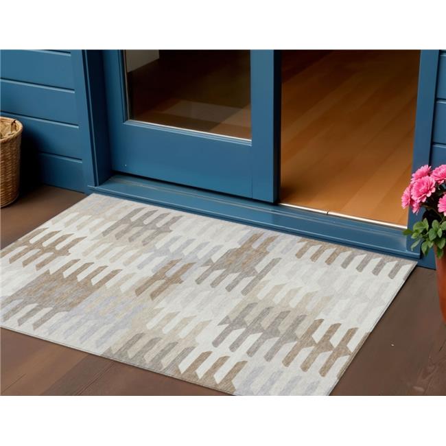 3x5 ft. Ivory Gray & Brown Geometric Washable Transitional Indoor & Outdoor R...