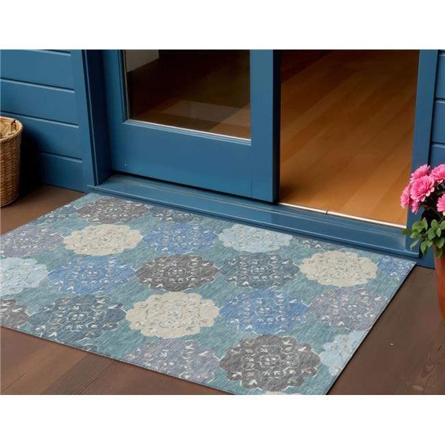 3x5 ft. Teal Blue & Beige - Ivory Quatrefoil Washable Transitional Indoor & O...