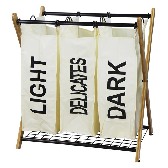 Oceanstar XBS1484-HG-WHITE X-Frame Bamboo 3 Bag Laundry Sorter  White