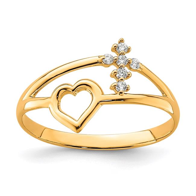 Finest Gold 10K Yellow Gold Heart & Cross CZ Ring - Size 7