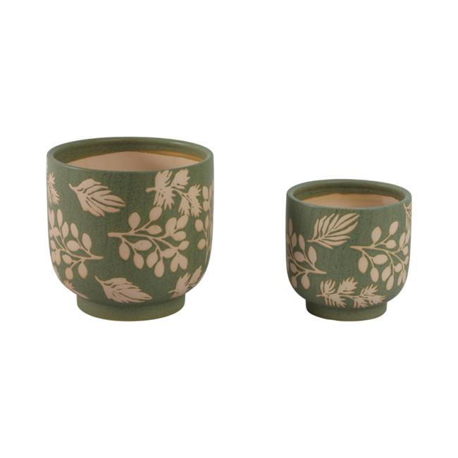 Sagebrook Home 21665-02 6-8 in. Hand Painted Leaves Planters Green & Tan - Se...