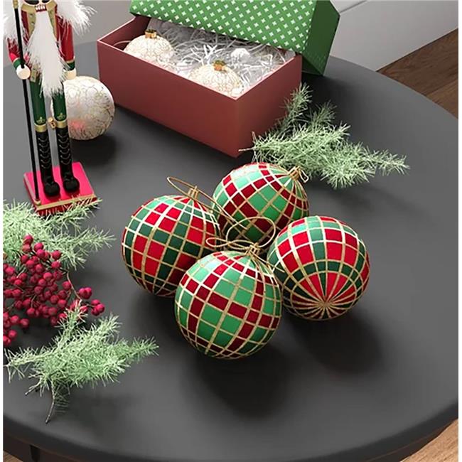 Queens of Christmas ORN-12PK-PLD-GRG 3 in. Plaid Ball Ornament Green Red & Go...